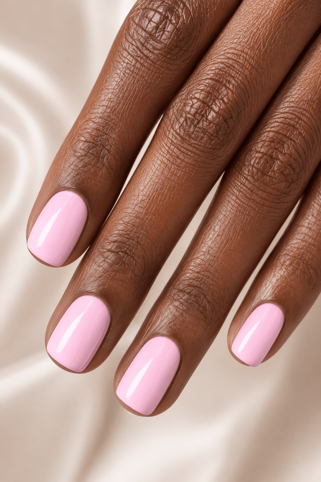 Glossy pink gel nail polish on deep skin with a smooth salon finish