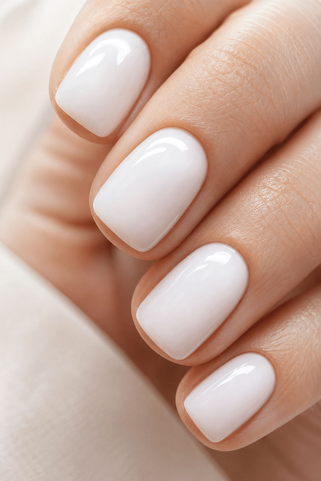 Glossy white gel nail polish close up with smooth milky manicure finish