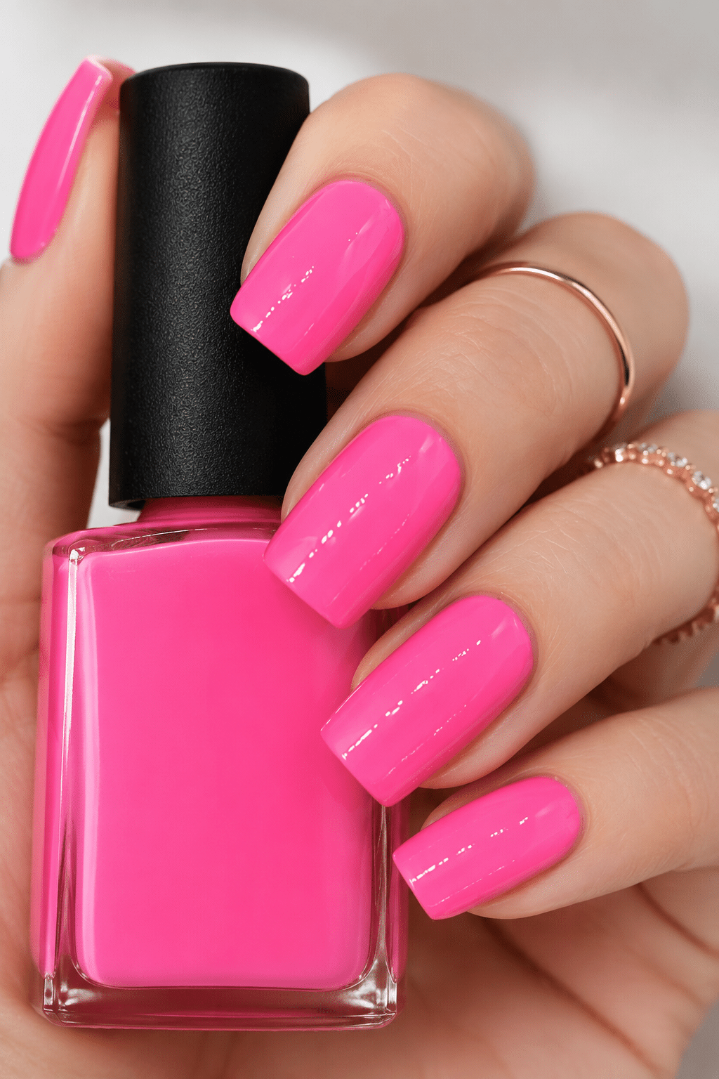High gloss neon pink nails with a vivid bright varnish finish