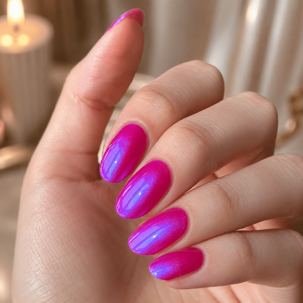Hot pink and blue shimmer nails with a bold glossy finish