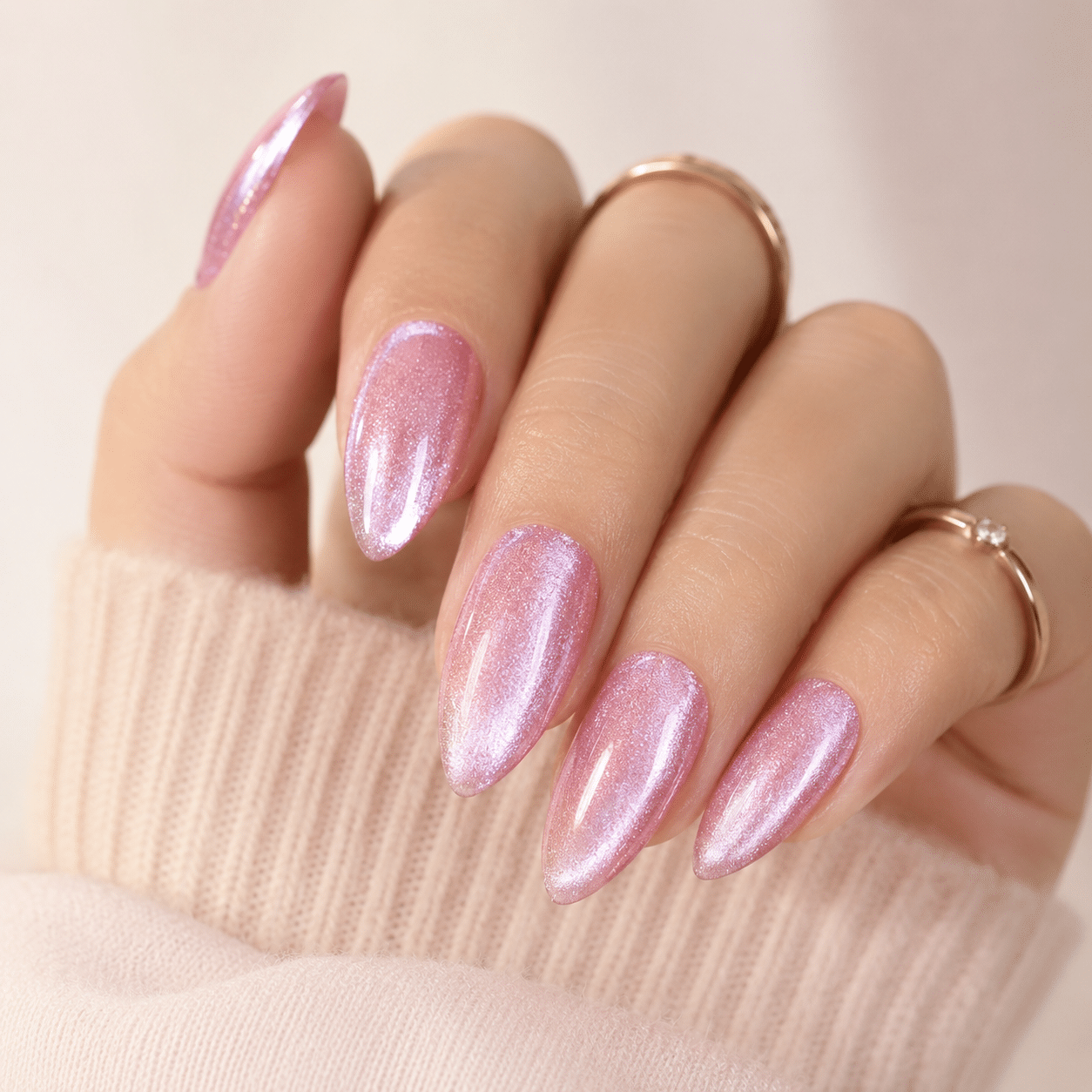 Milky pink magnetic shine nails with a glossy cat eye effect
