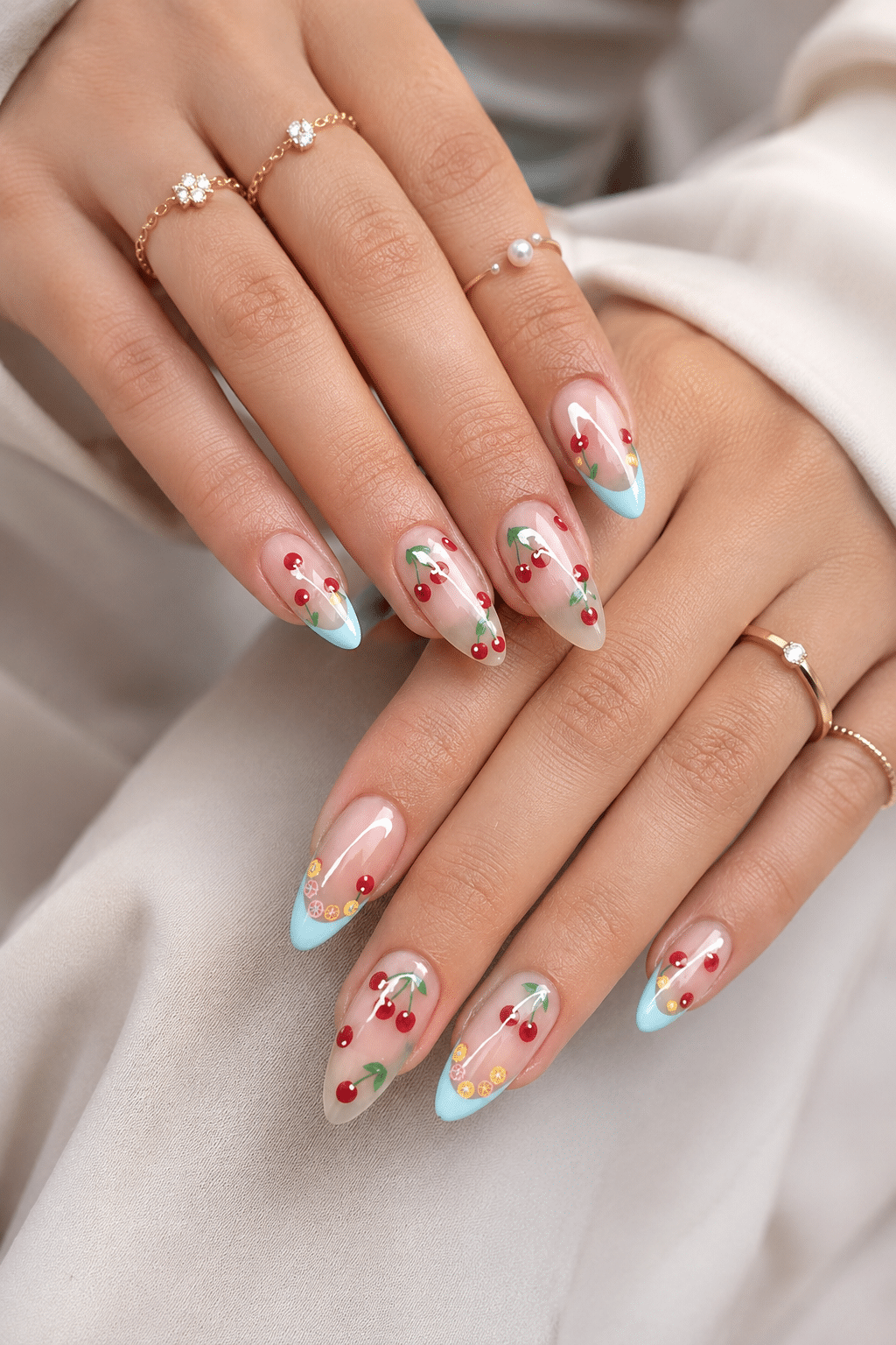 Mint red micro floral summer nails 2026 with glossy tiny flower art