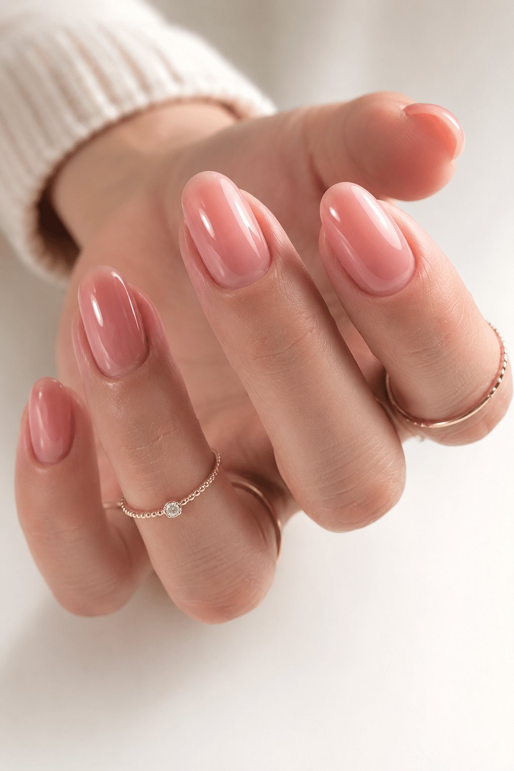 Natural pink gel polish manicure with a soft glossy finish