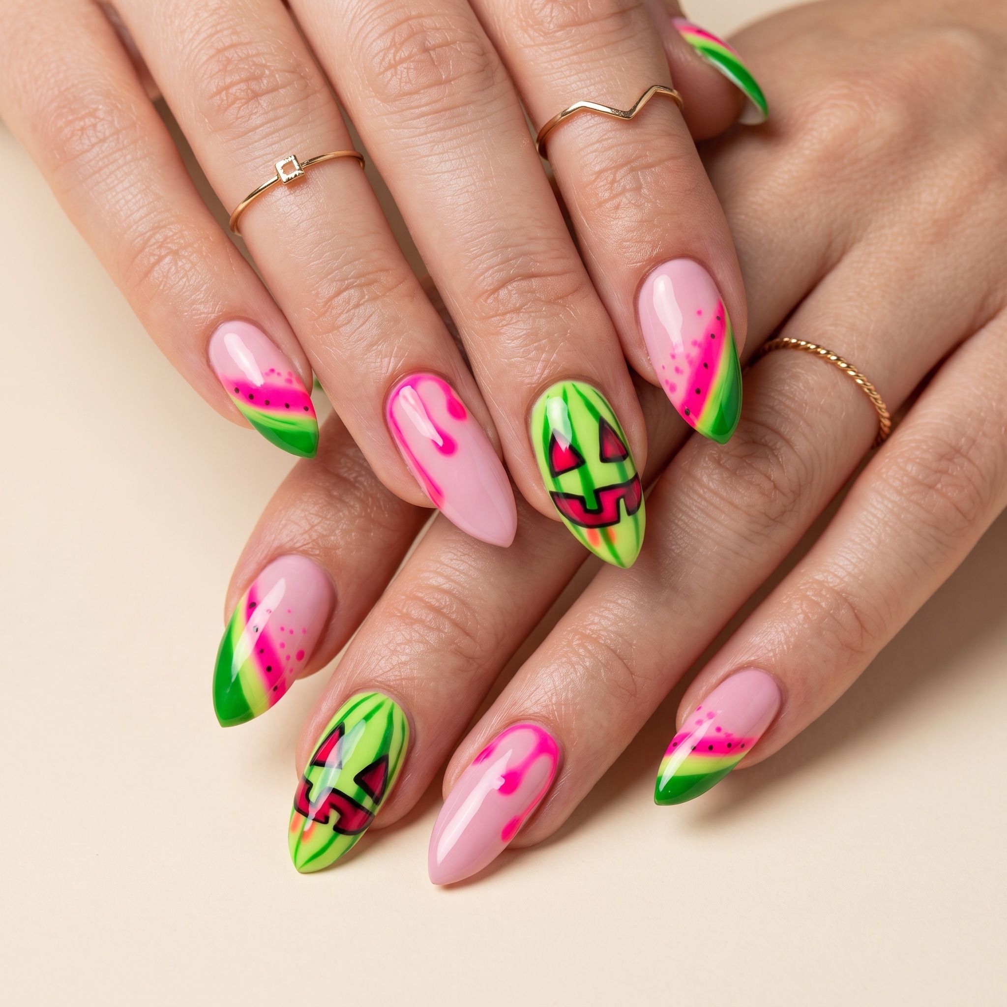 neon pink green manicure with monster inspired summer Halloween details