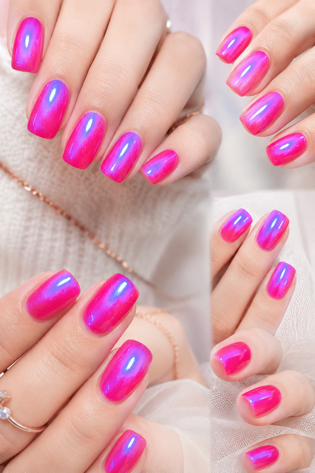 Neon pink blue shift nails with glossy colorful shimmer finish