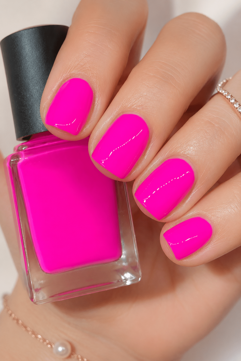 Neon pink polish bottle manicure with glossy bright pink nails