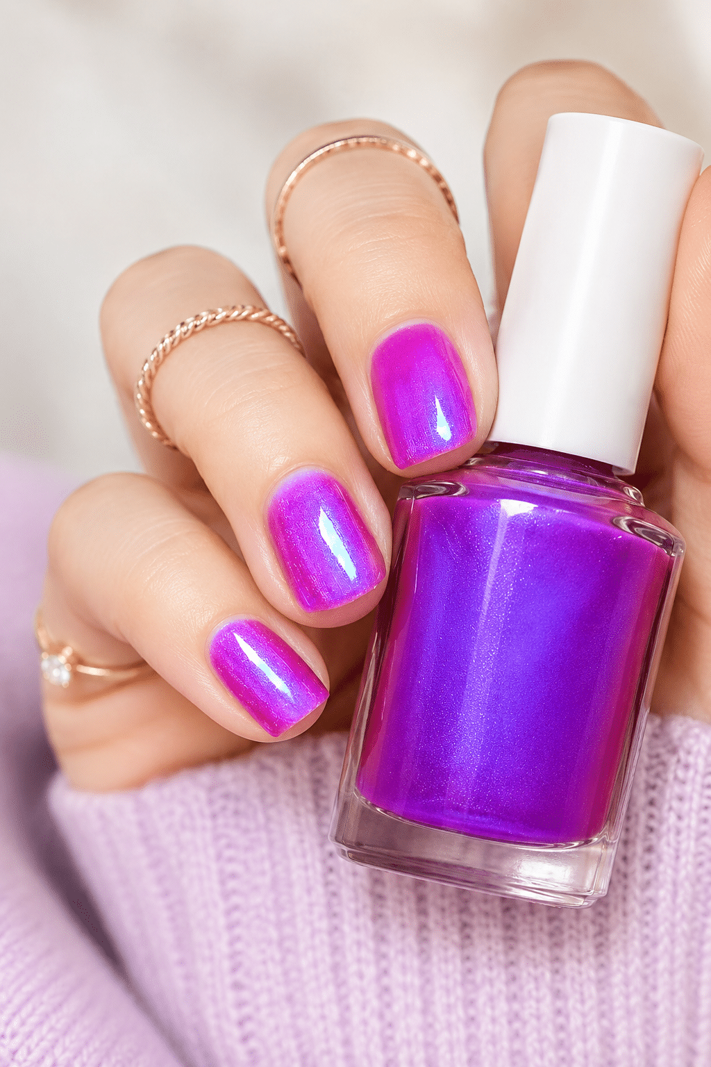 Neon pink shimmer varnish with purple reflective shine and glossy nails