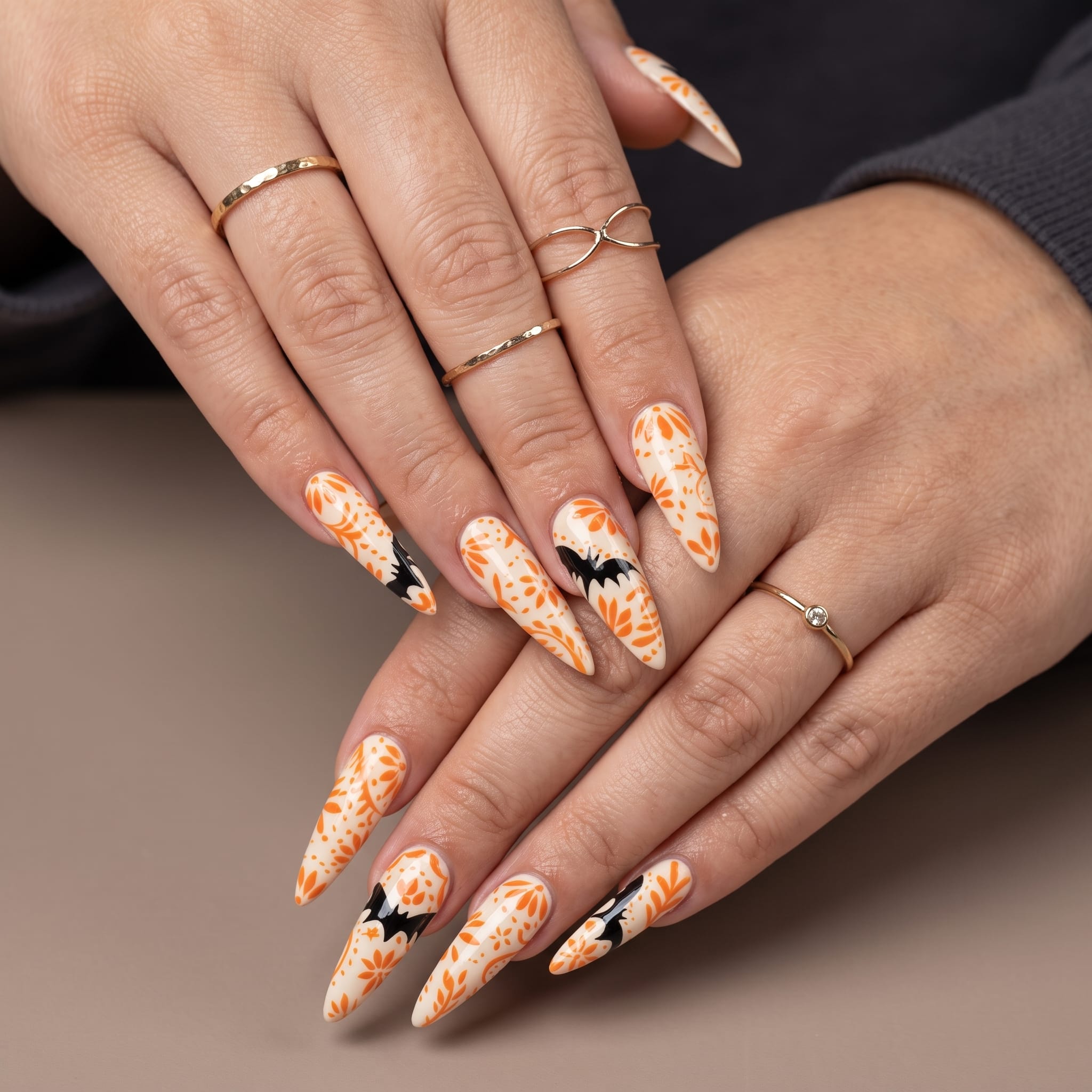orange jack o lantern French manicure with glittery spooky tips