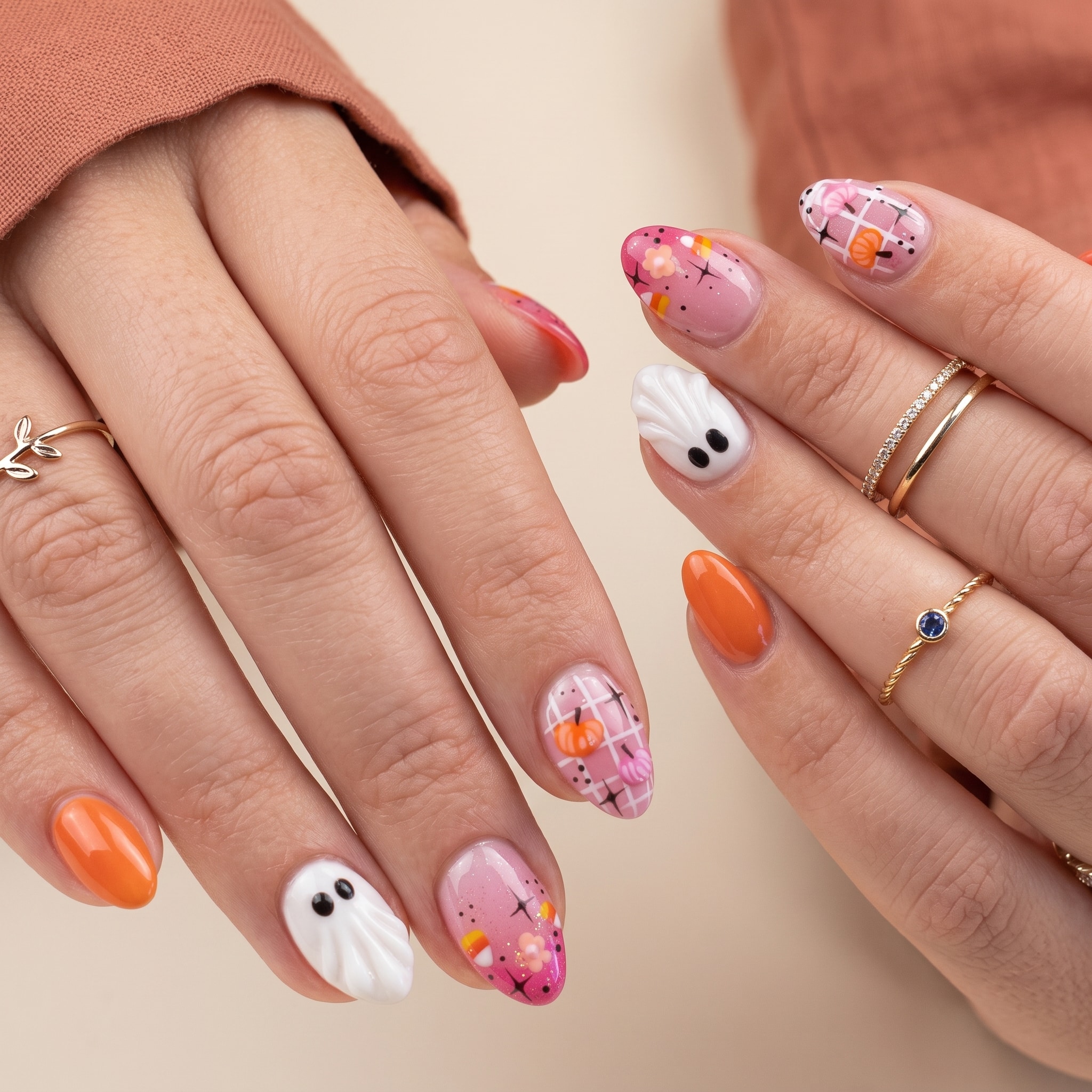 orange pink ghost manicure with cute summer Halloween accents