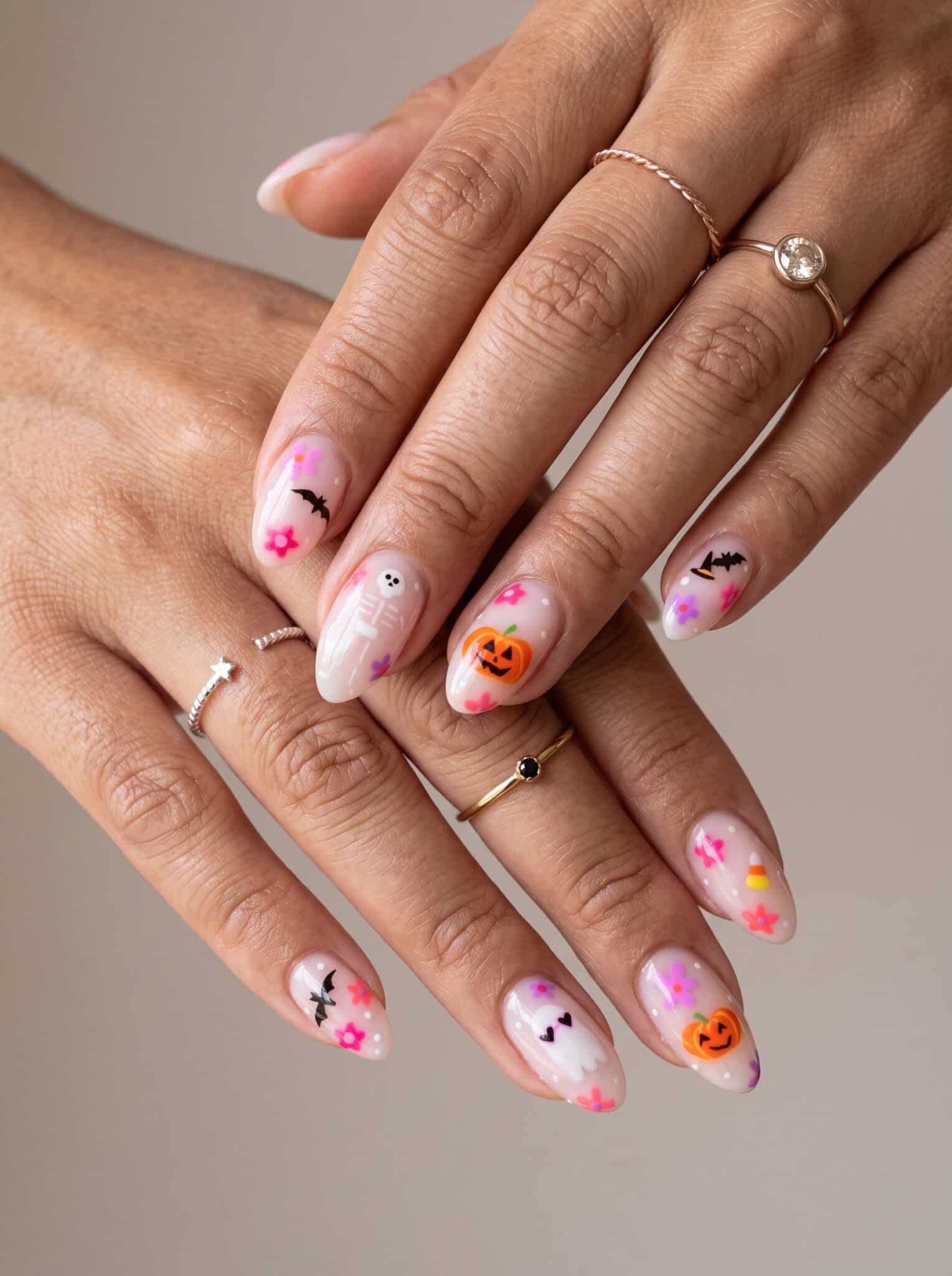 orange pink manicure with tiny summerween nail accents