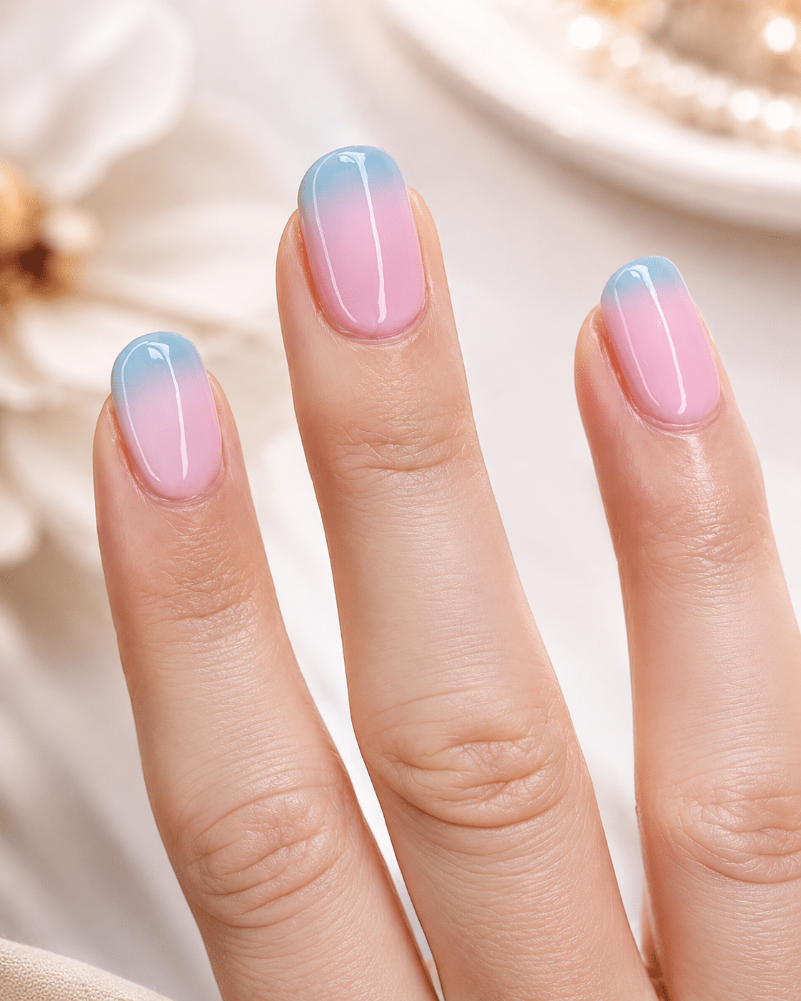 Pastel blue and pink French tip nails with a soft glossy base