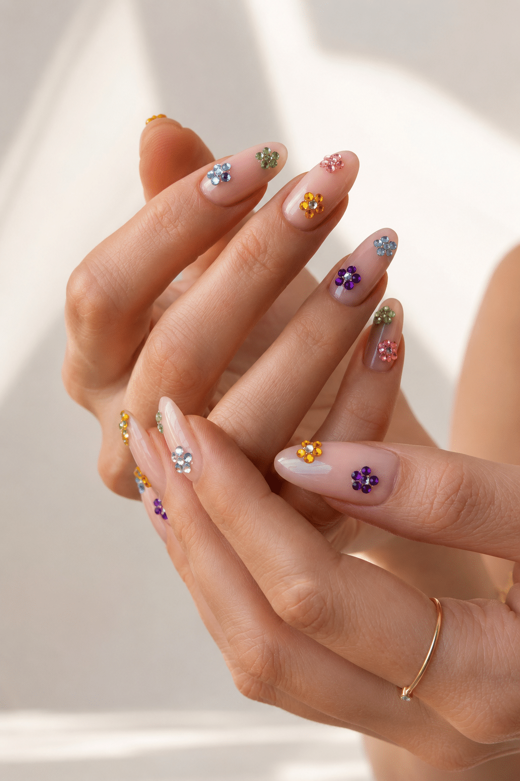 Pastel micro flower summer nails 2026 with glossy soft nail art