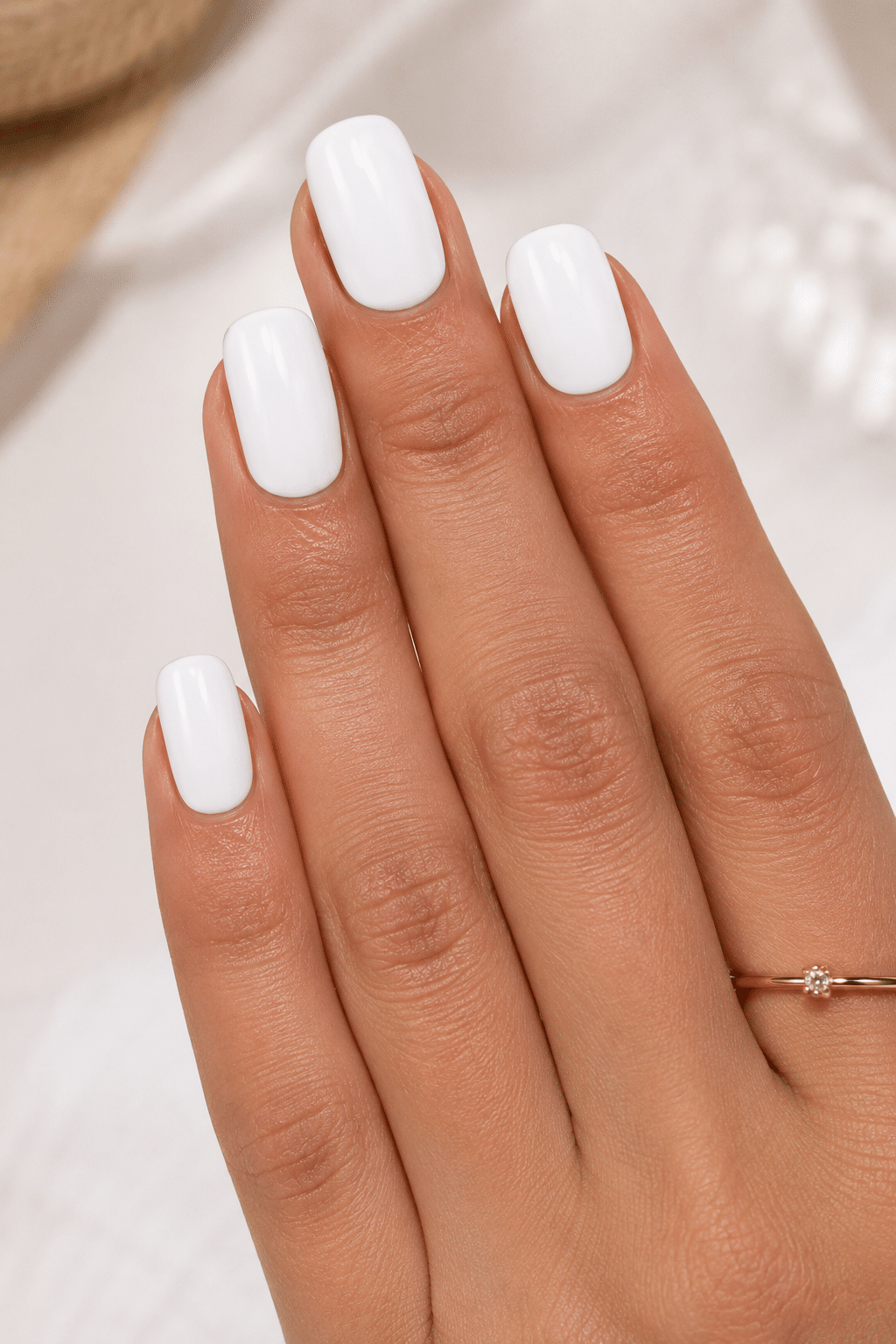 Pearl white gel nail polish with glossy shimmer manicure finish