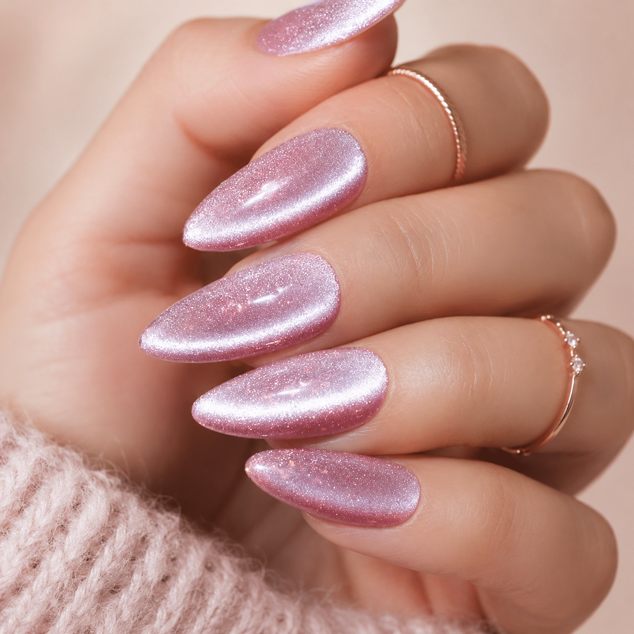 Pearly pink cat eye nails with a luminous magnetic shimmer