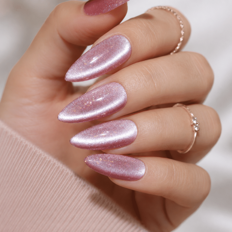 Pink cat eye nail polish with a soft magnetic glow on almond nails