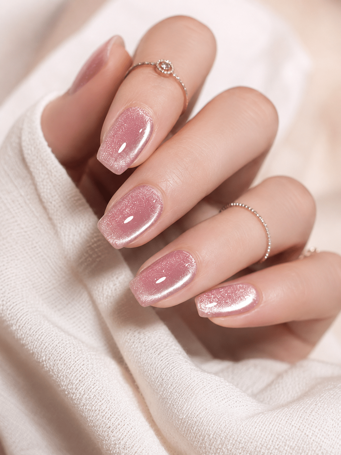 Pink cat eye press-on style nails with a glossy magnetic finish