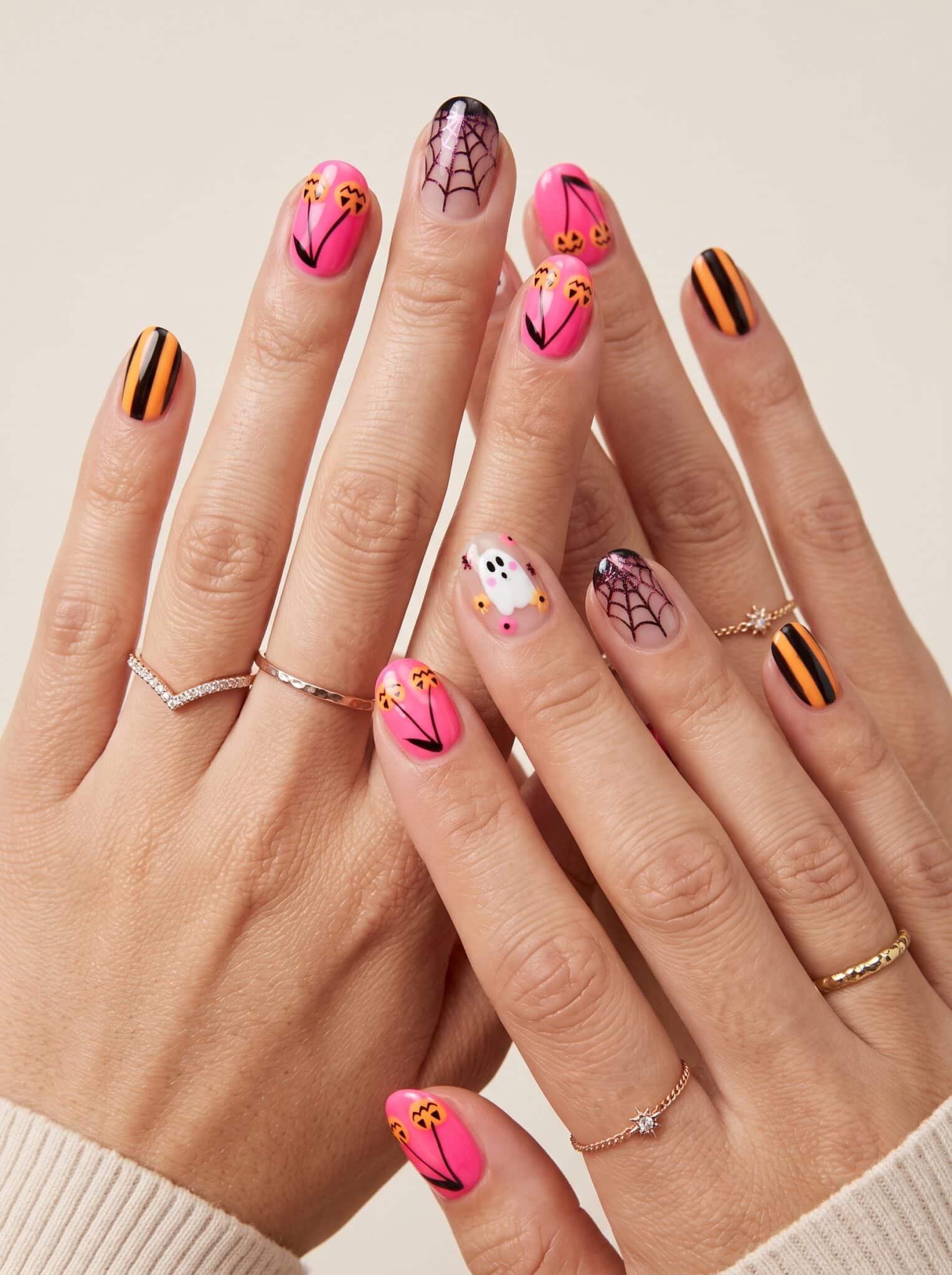 pink orange cute Halloween nails with tiny spooky summer accents