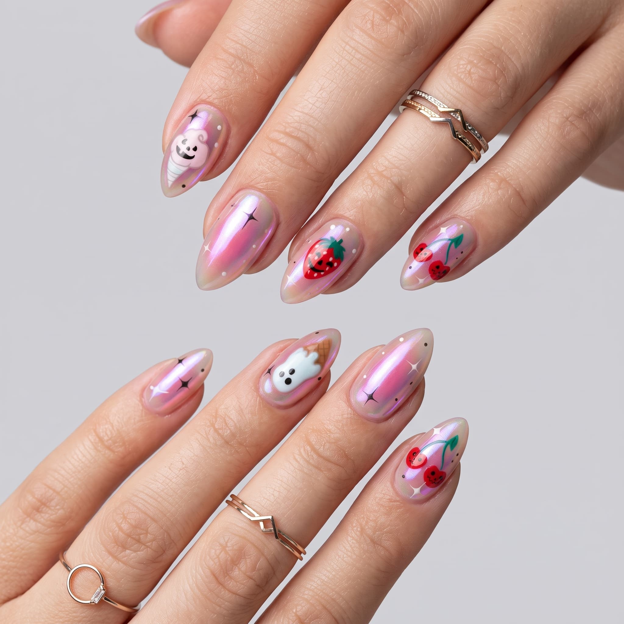 pink spooky summer manicure with tiny Halloween fruit and ghost details