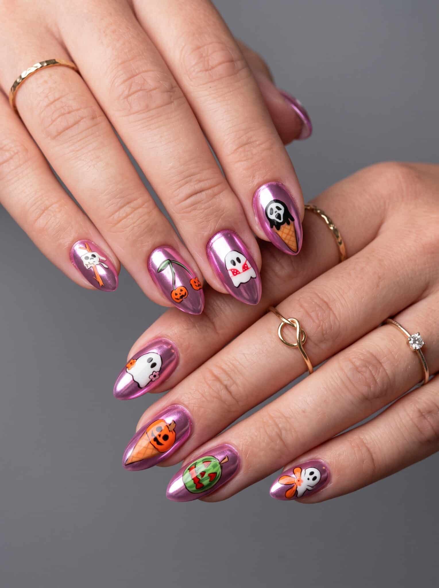 purple orange spooky summer nails with glossy Halloween-inspired details