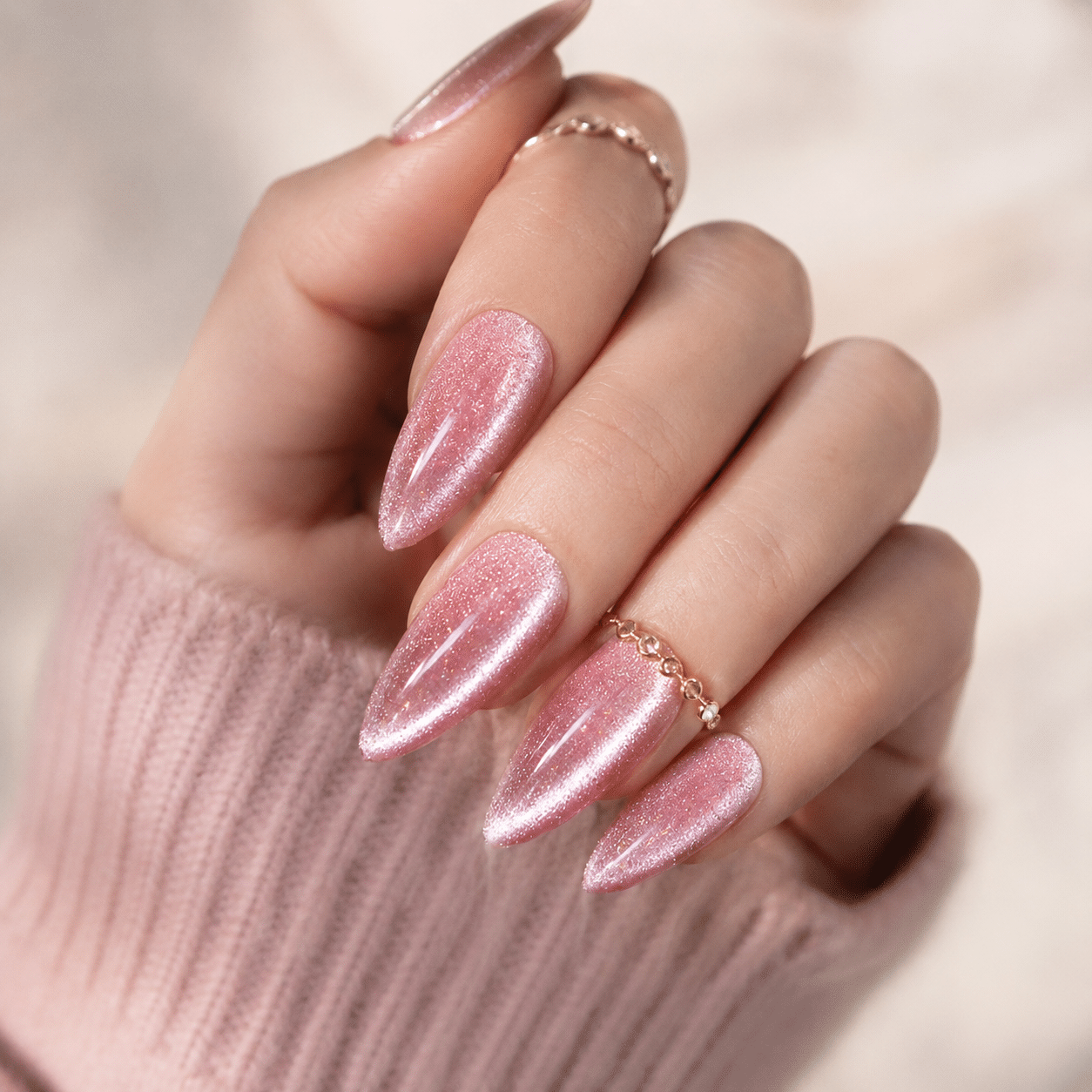 Rose velvet cat eye nails with a soft pink magnetic shimmer