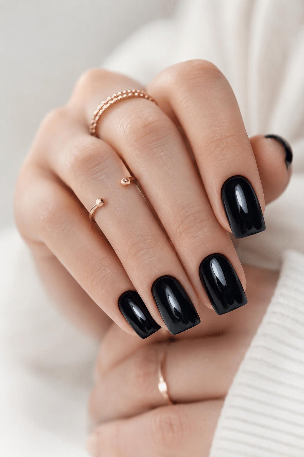 short black gel square nails with glossy opaque finish