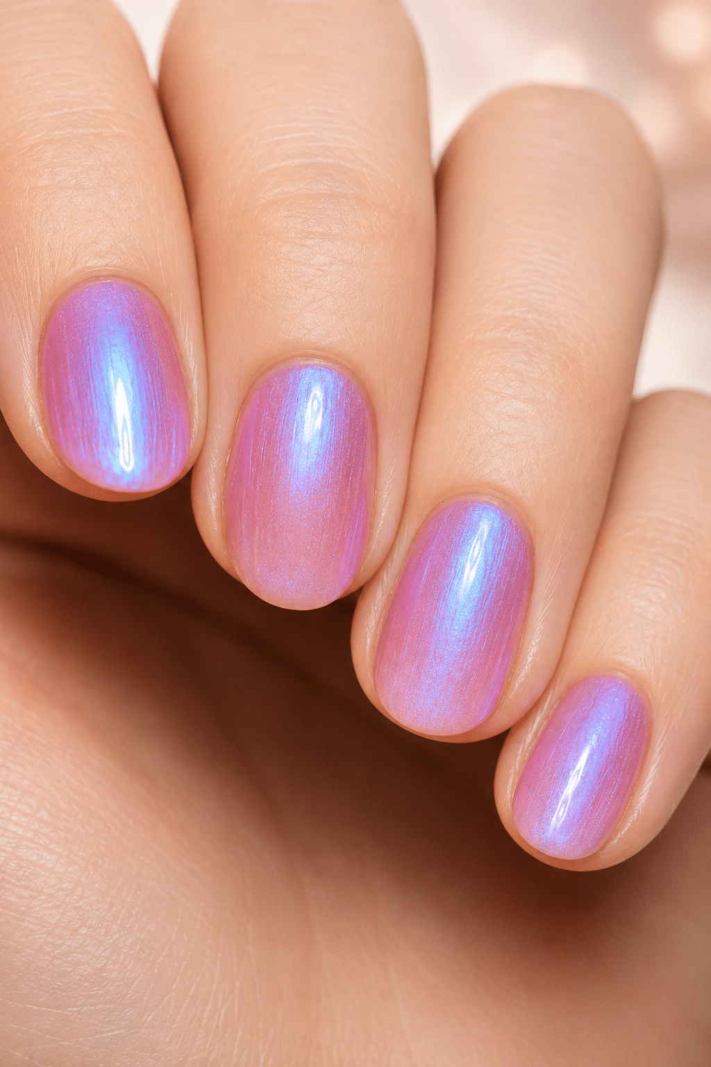 Short pink and blue nails with a shiny color shift finish