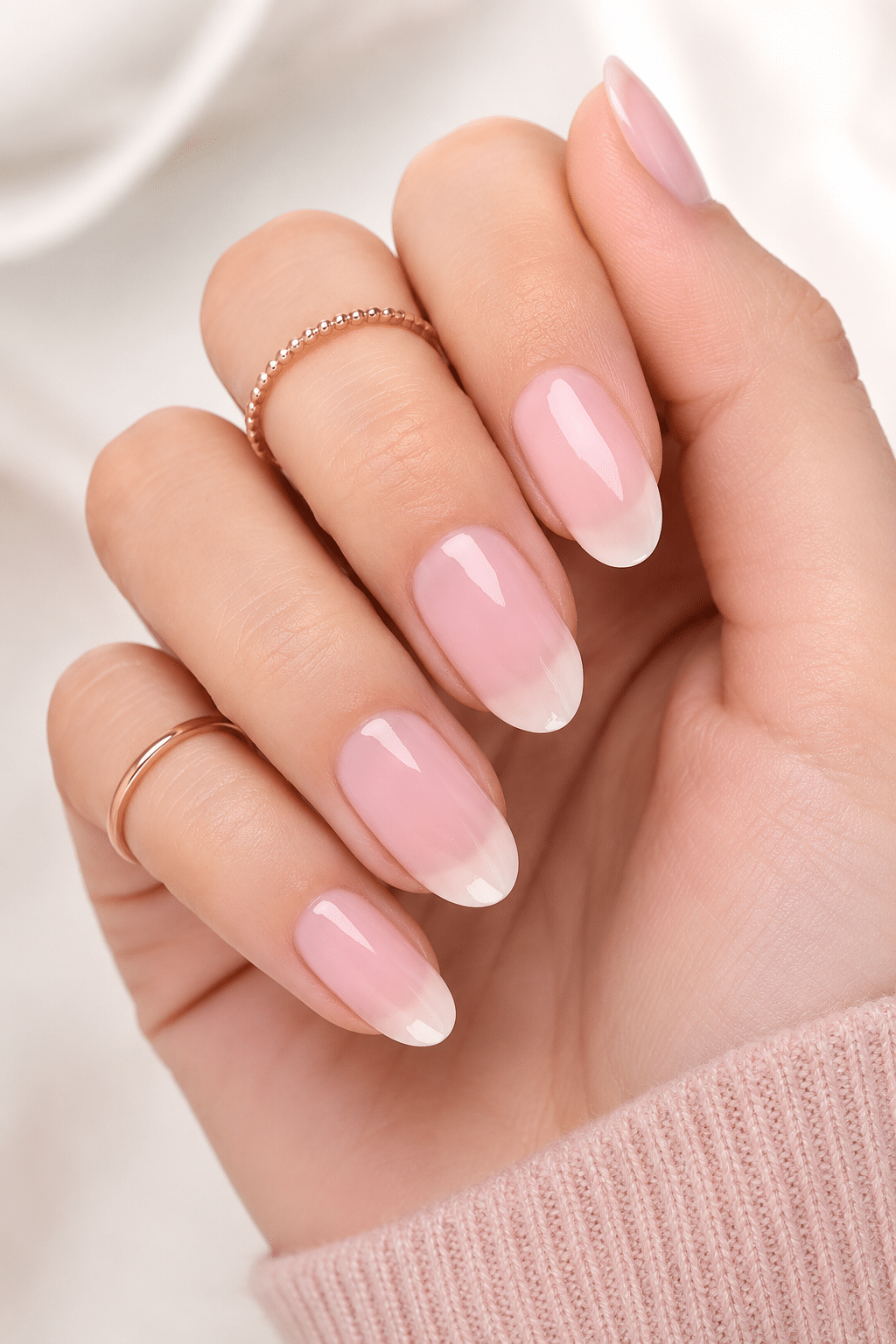 Soft almond pink gel nails with a clean glossy salon finish
