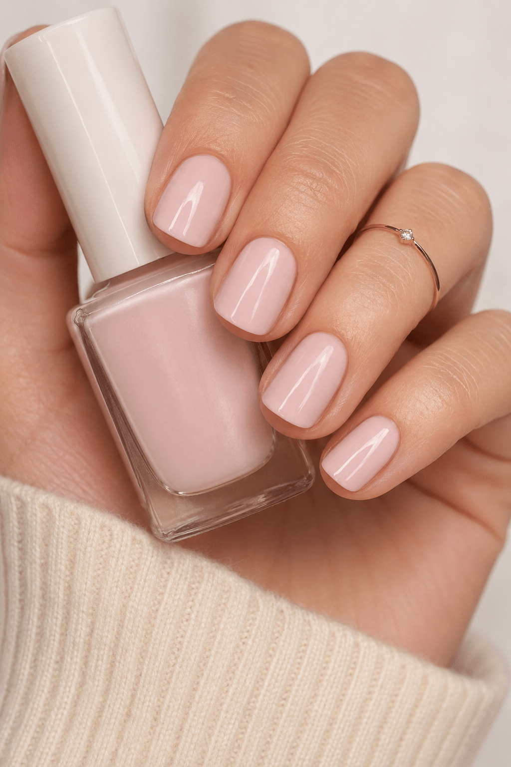 Soft baby pink gel polish with a clean glossy manicure finish