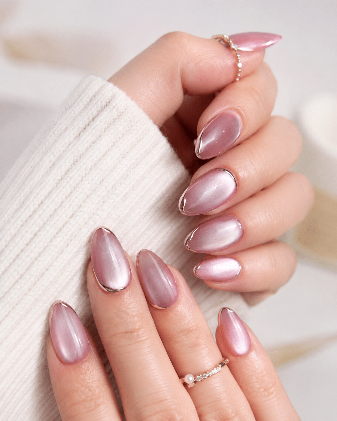 Soft mauve pink cat eye nails with a subtle magnetic glow