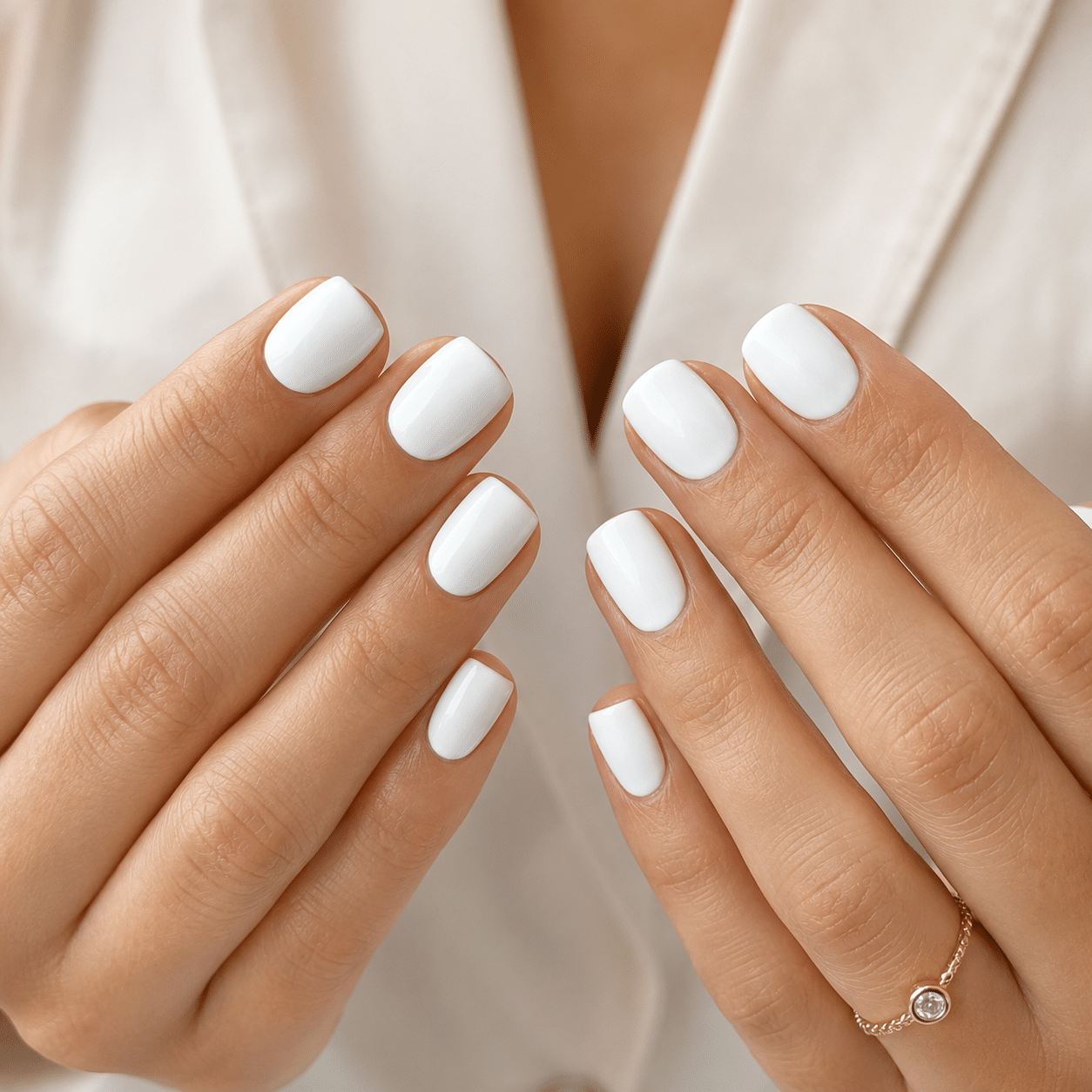 Soft milky white gel nail polish with glossy sheer manicure finish