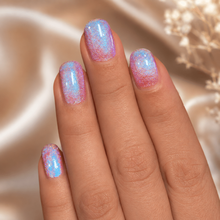 Pink and blue nail polish with a soft shimmer finish on glossy nails