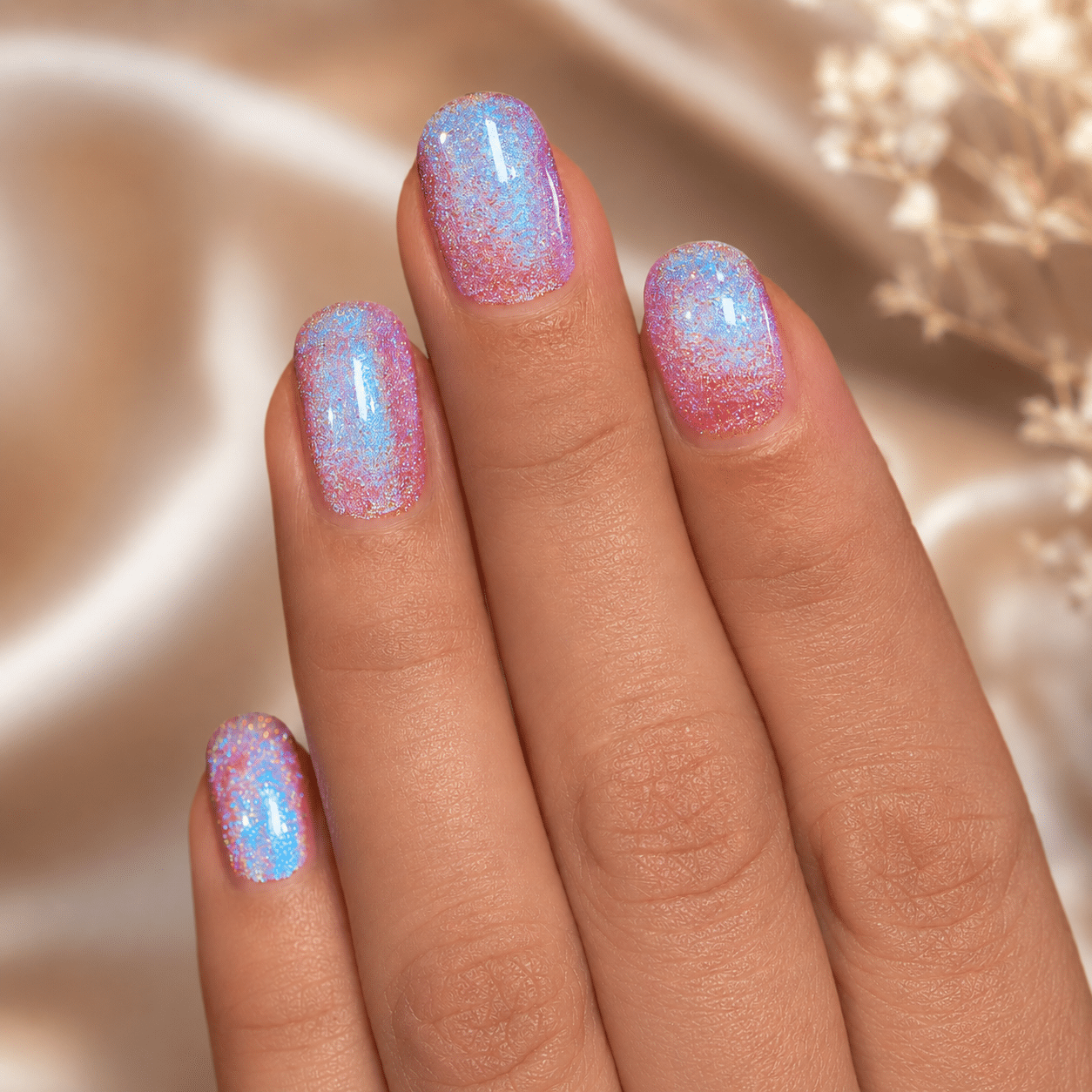 Pink and blue nail polish with a soft shimmer finish on glossy nails