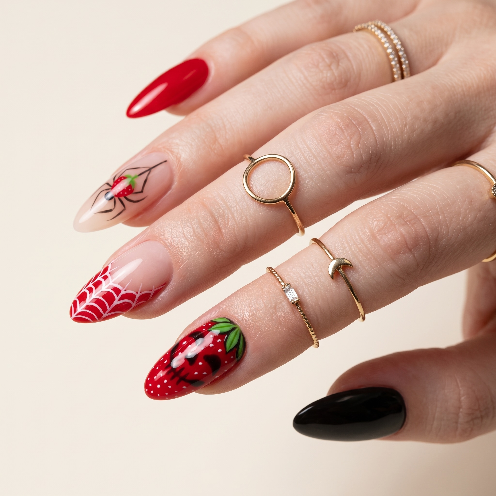 summerween nails with red black polish and spooky strawberry accent