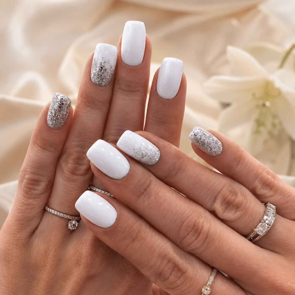 White silver accent gel nails with glossy bright manicure design