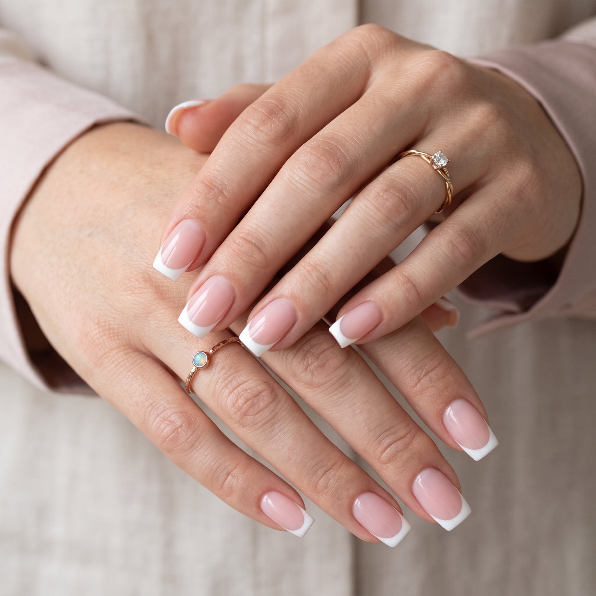 Natural square pink and white full set nails with a clean glossy finish