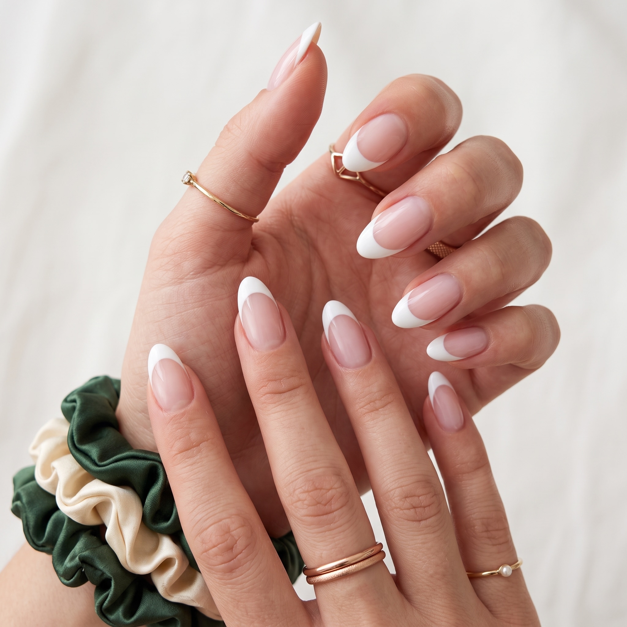 Pink and white full set nails with glitter accent details and crisp white tips