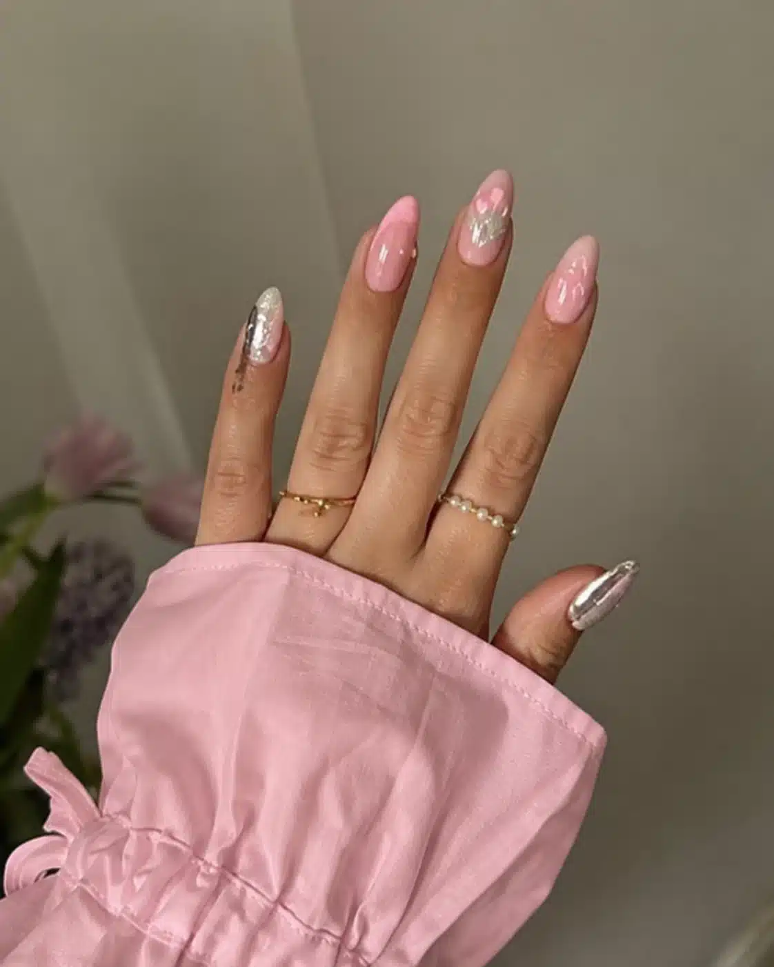 Rich girl milky pink almond manicure