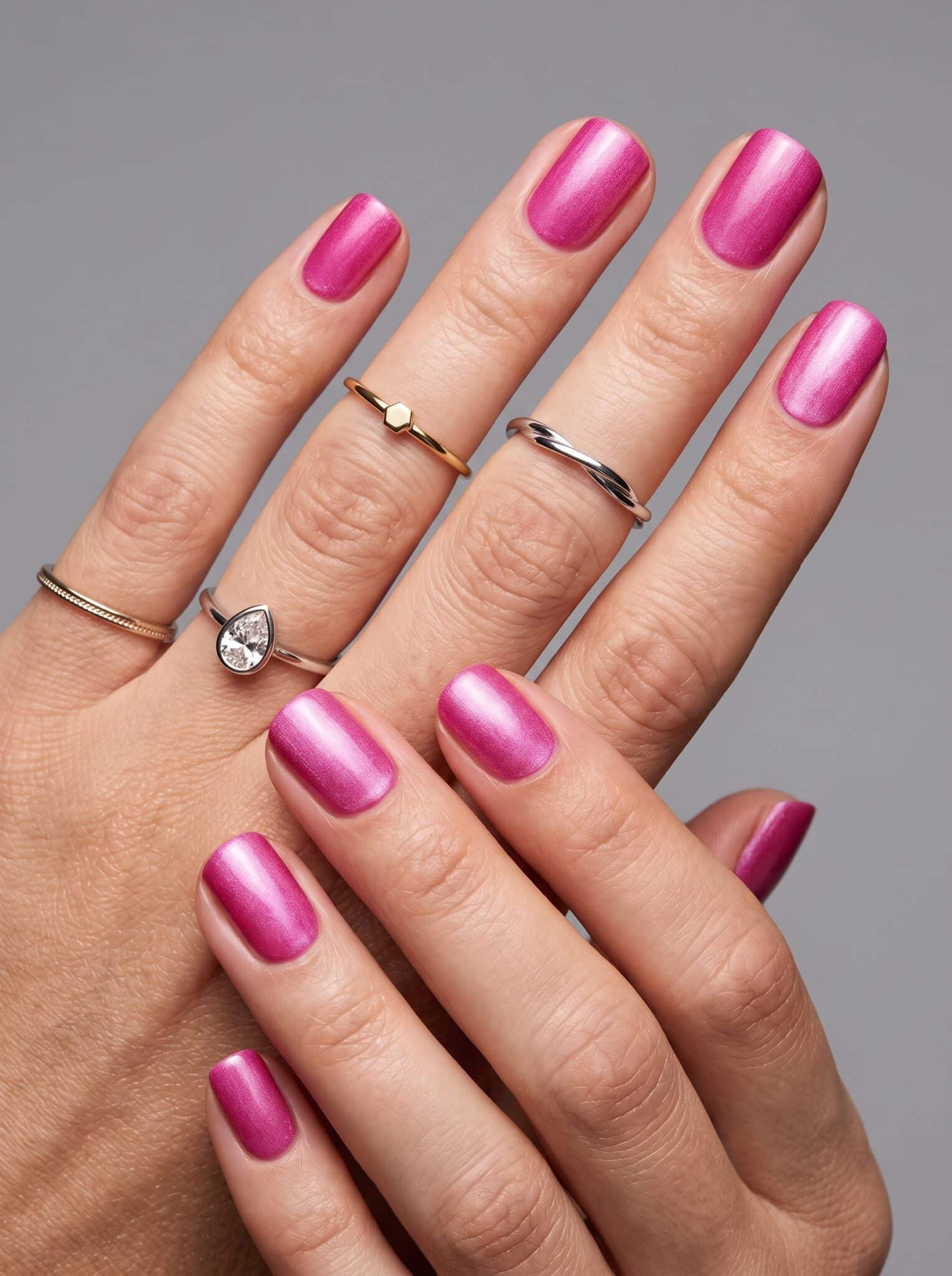 Short rounded manicure with green accent nails and slim black French tips