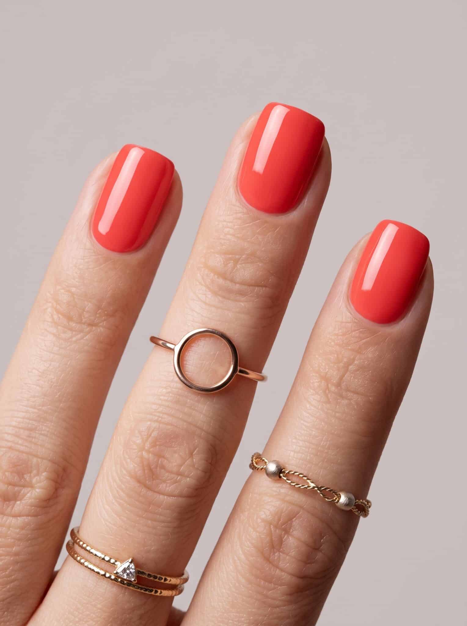 Glossy hot pink manicure on short square nails