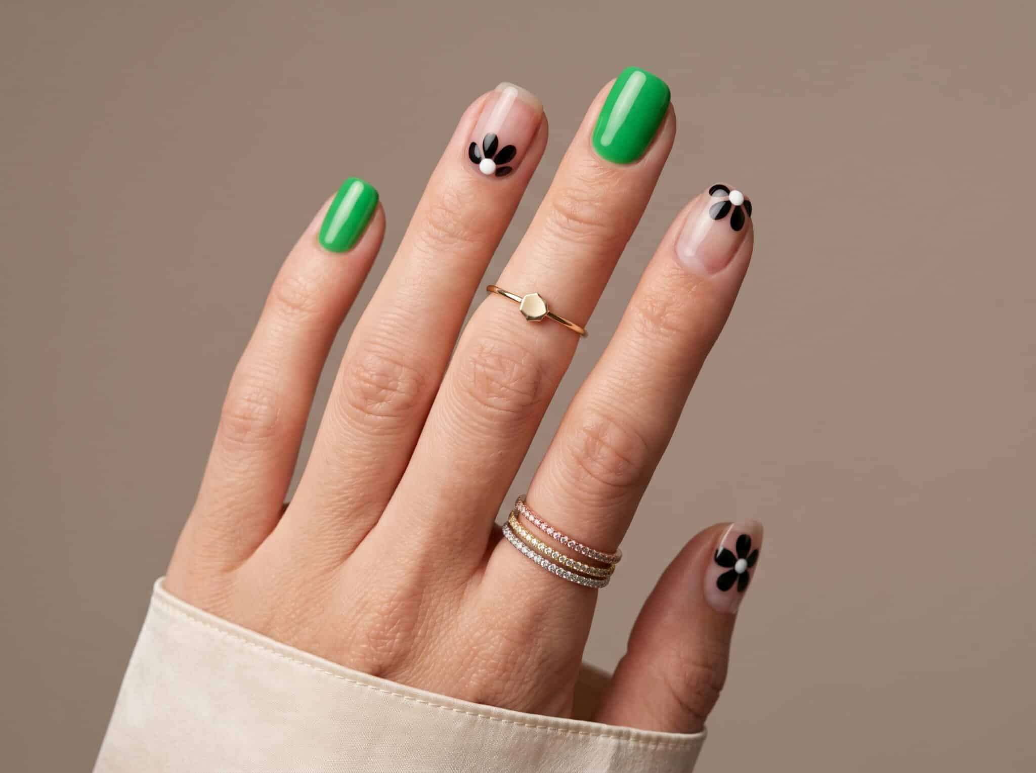Soft pink manicure with tiny dotted and illustrated accents
