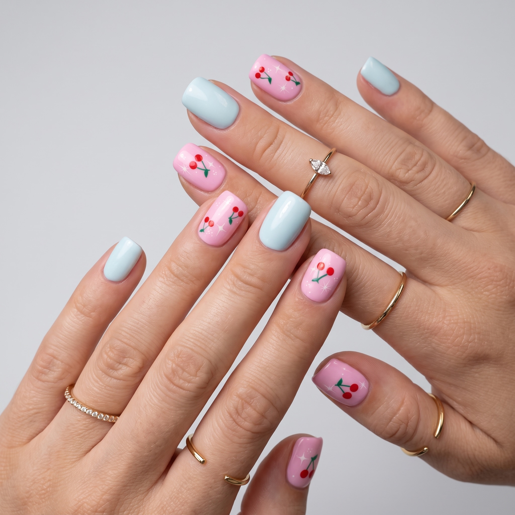 Short nude manicure with small blue floral accents