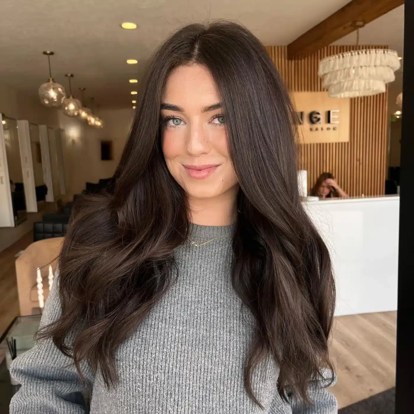 Espresso brunette long face-framing layers for a dark hair color