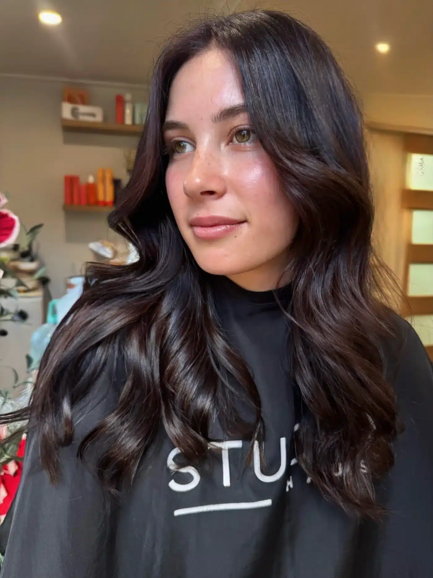 Dark cocoa layered glam waves showcasing 15 Glossy Dark Hair Color Ideas