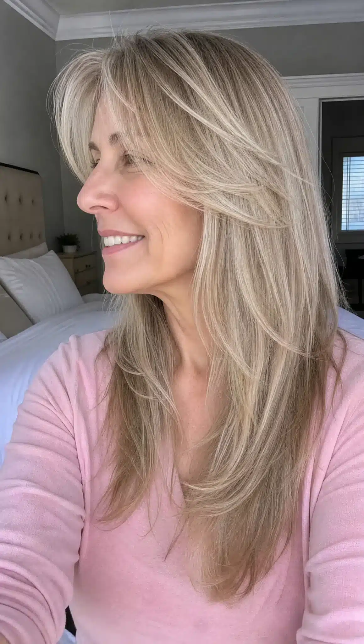 Long Gray Blending Layers with Silver Highlights | Long Hairstyles for Women Over 50 Long Gray Blending Layers with Silver Highlights - long hairstyles for women over 50
