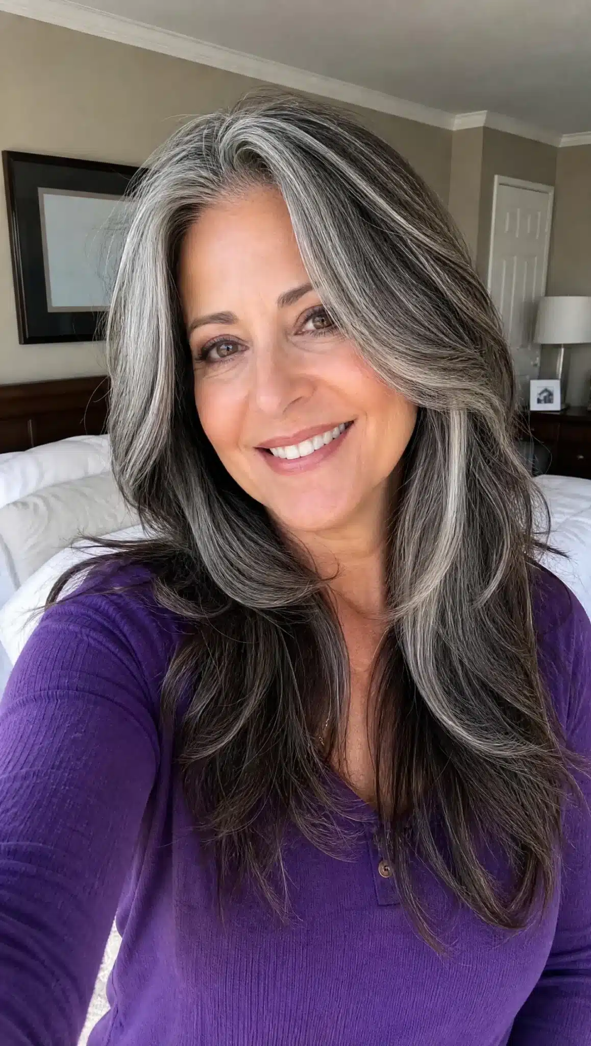 Long Angled Face-Framing Layers with Dark Brown | Long Hairstyles for Women Over 50 Long Angled Face-Framing Layers with Dark Brown - long hairstyles for women over 50