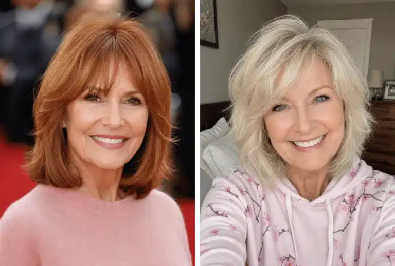 A stylish woman modeling 27 chic shoulder length hairstyles for women over 60 with soft layers and natural movement.