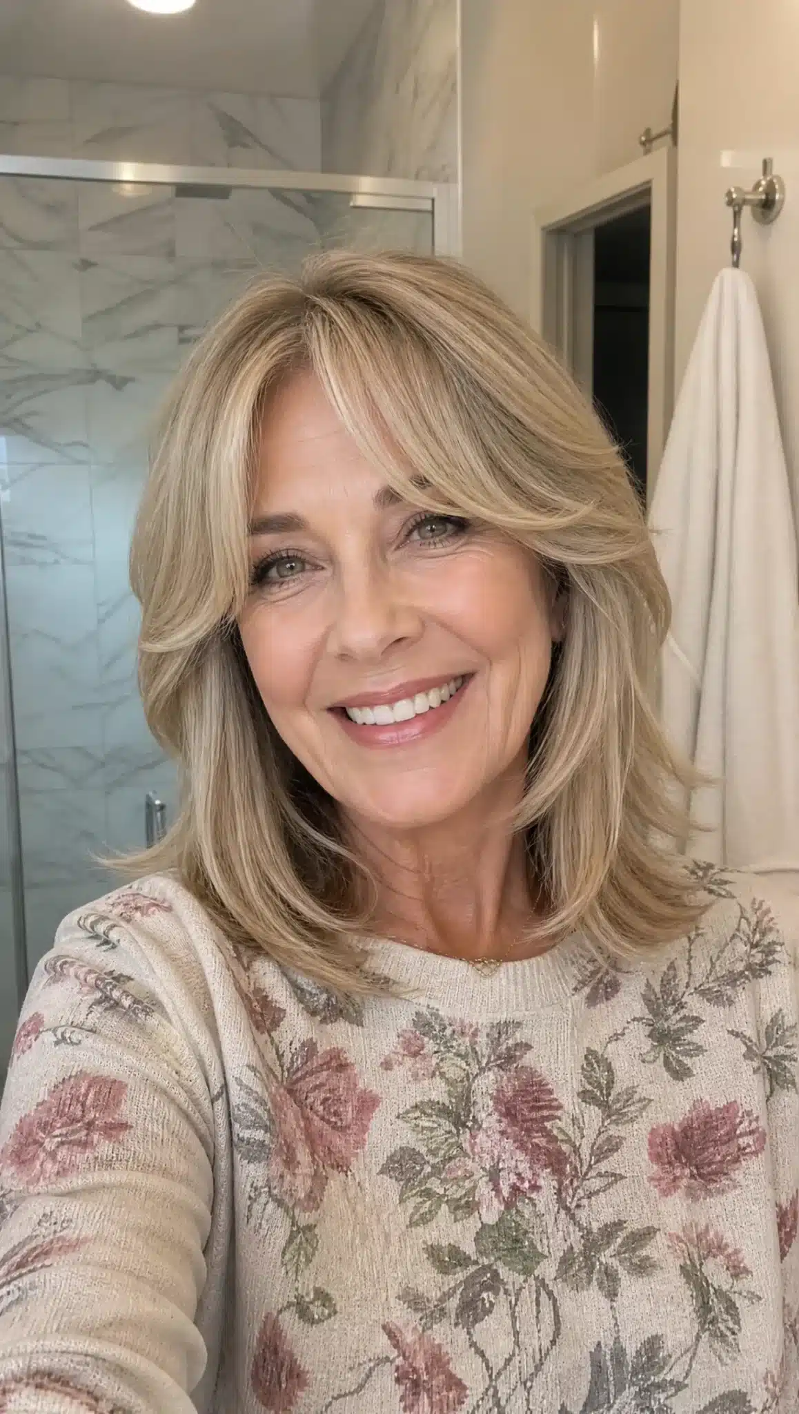 27 Chic Shoulder Length Hairstyles For Women Over 60 11 Curtain bangs lob with sandy blonde hair showcasing 27 chic shoulder length hairstyles for women over 60.