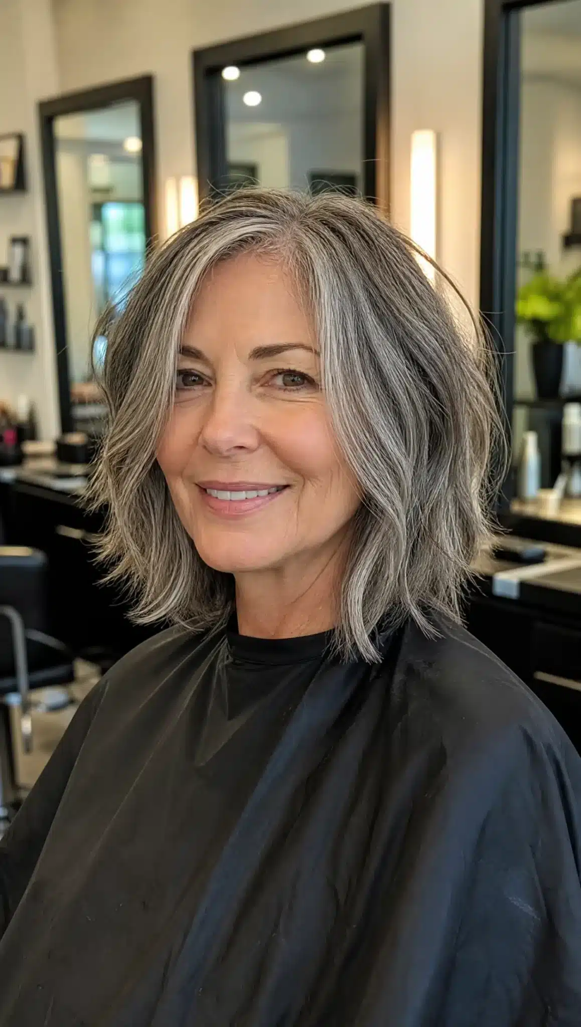 27 Chic Shoulder Length Hairstyles For Women Over 60 12 Textured lob with salt and pepper hair illustrating 27 chic shoulder length hairstyles for women over 60.