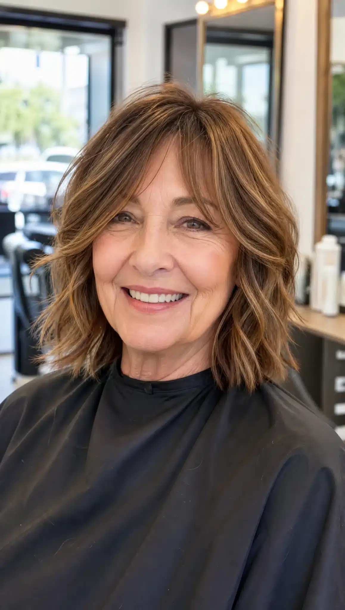 27 Chic Shoulder Length Hairstyles For Women Over 60 17 Tousled lob with caramel brown hair illustrating 27 chic shoulder length hairstyles for women over 60.