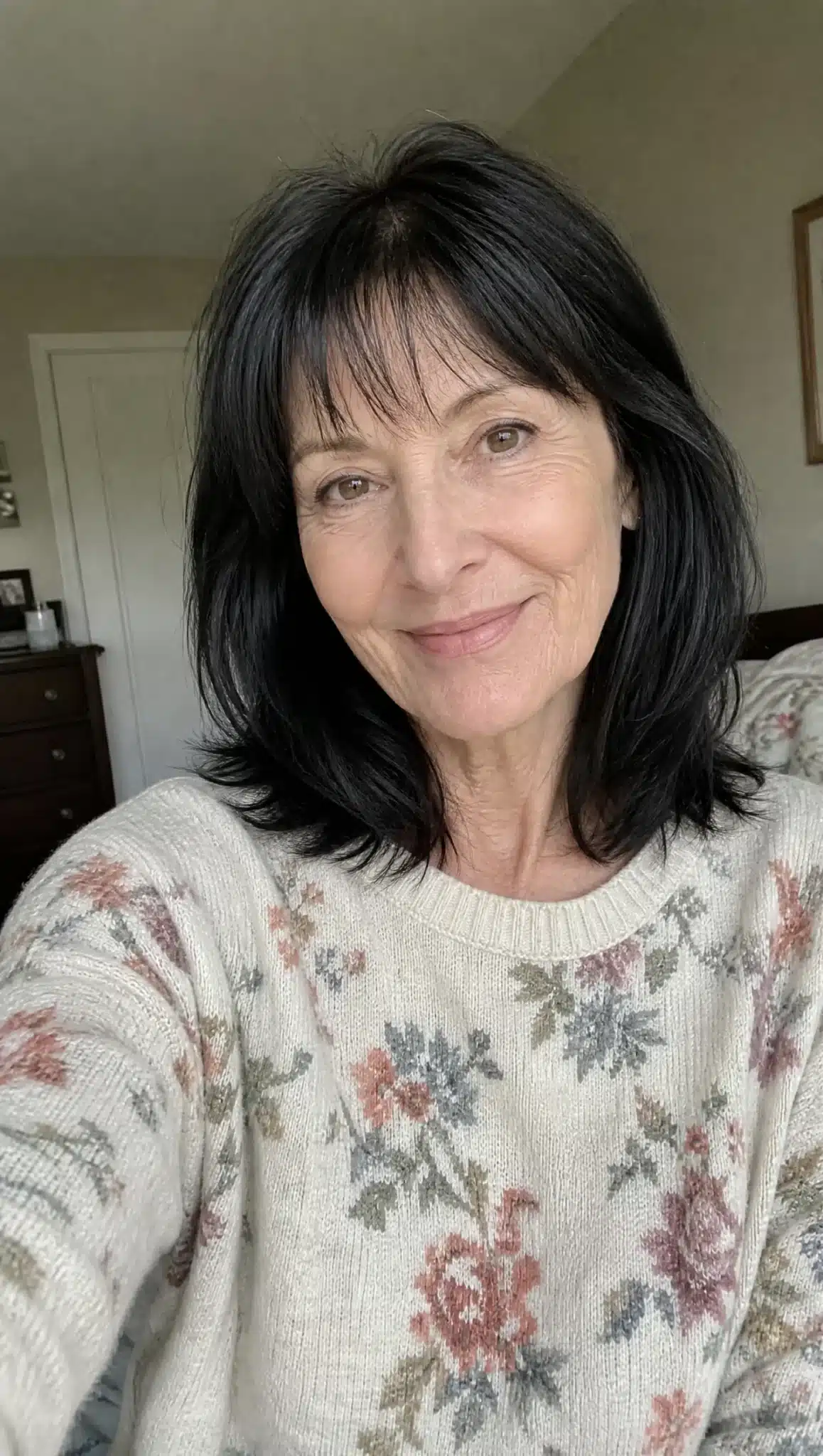 27 Chic Shoulder Length Hairstyles For Women Over 60 18 Shoulder length cut with wispy bangs and soft black hair representing 27 chic shoulder length hairstyles for women over 60.